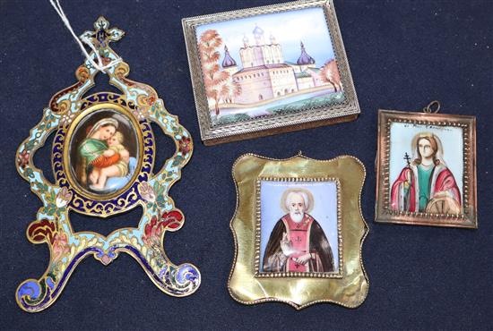 Three 19th century Continental porcelain icons, one with champleve enamel frame and a modern Russian enamel plaque tallest 15.5cm (4)